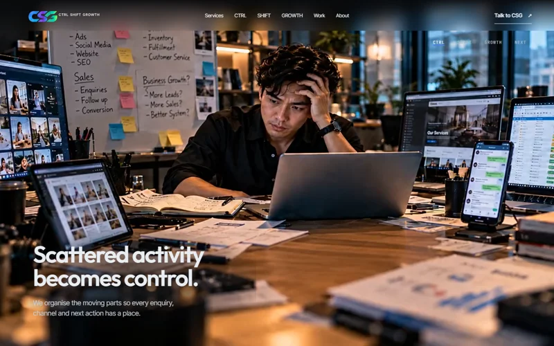 CSG cinematic website with a film-led hero and brand navigation